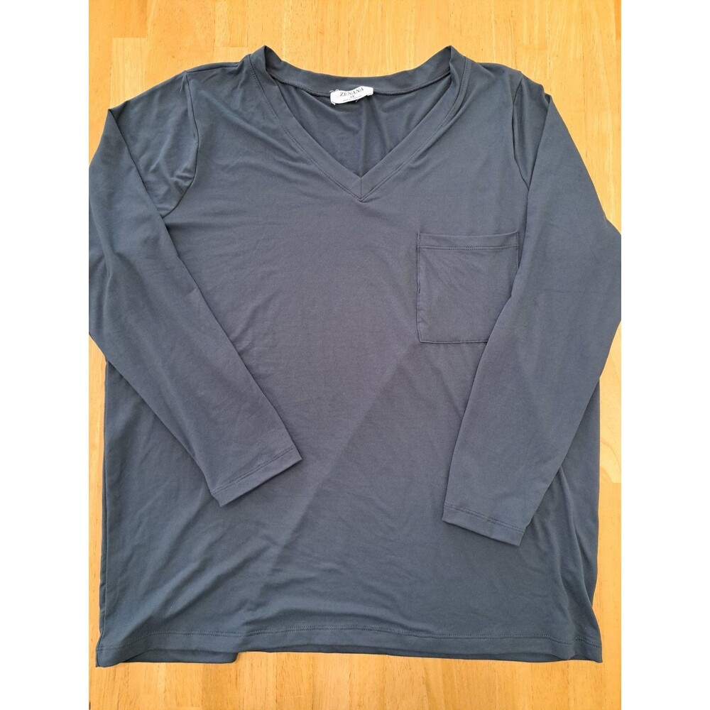Zenana Gray Long Sleeve Tee Women's Stretch T-shirt with Lapel Pocket 1X